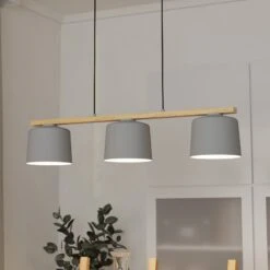 EGLO Suspension Mariel 3 Lampes Gris Clair Bois Naturel