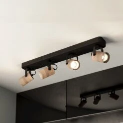 EGLO Spot Plafond Cayuca Noir/décor Bois, Quatre Lampes