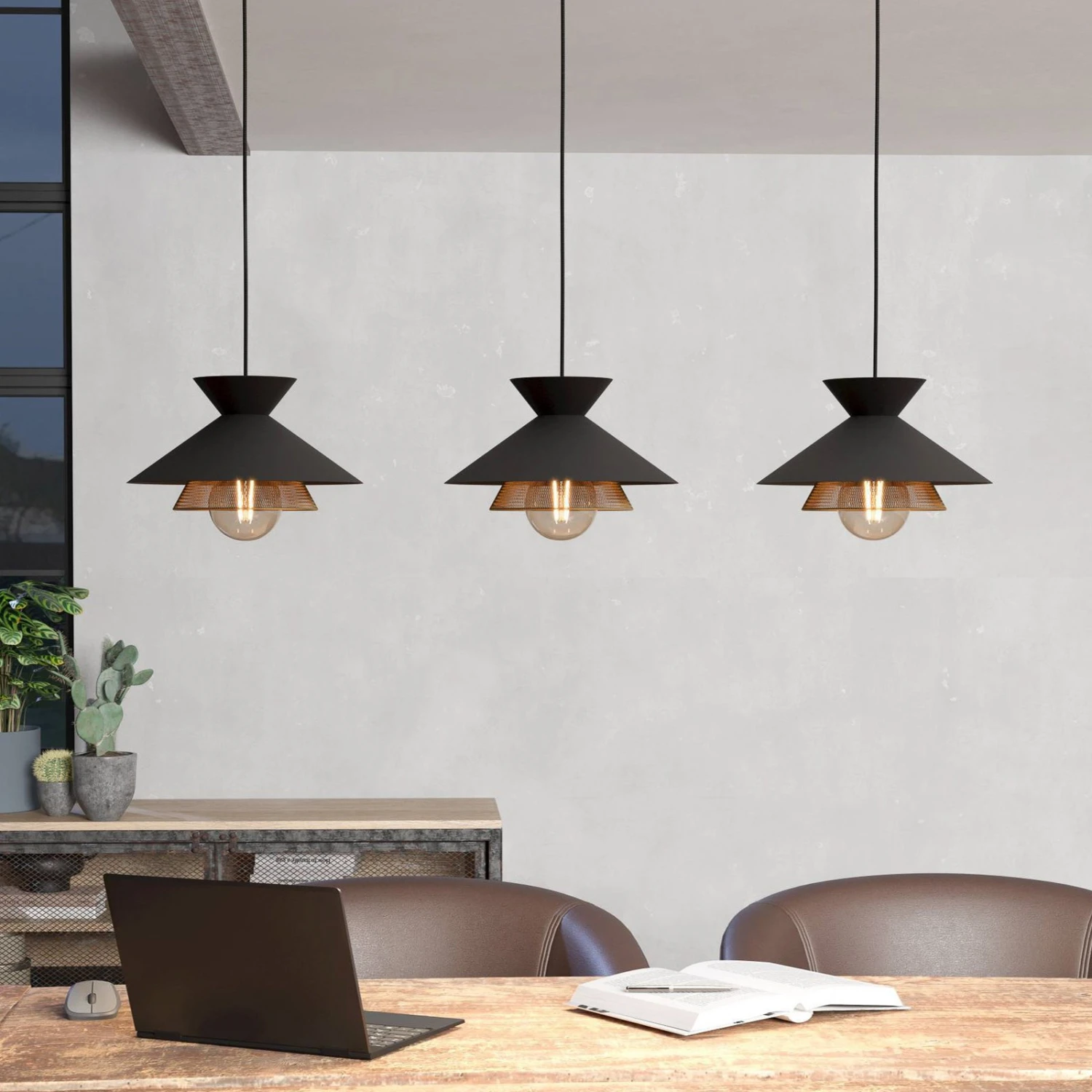 EGLO Suspension Grizedale à 3 Lampes, Noire/laiton 3 EGLO Suspension Grizedale à 3 Lampes, Noire/laiton