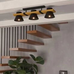 EGLO Plafonnier Maccles En Noir Avec Bois, à 3 Lampes -Luminaire 10015199 1