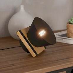 EGLO Lampe à Poser Maccles En Noir Avec Bois