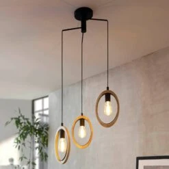 EGLO Suspension Basildon, Détails Bois à 3 Lampes Ronde