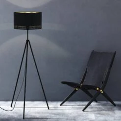 EGLO Lampadaire Esteperra, Trépied, Noir/doré -Luminaire 3032831 3